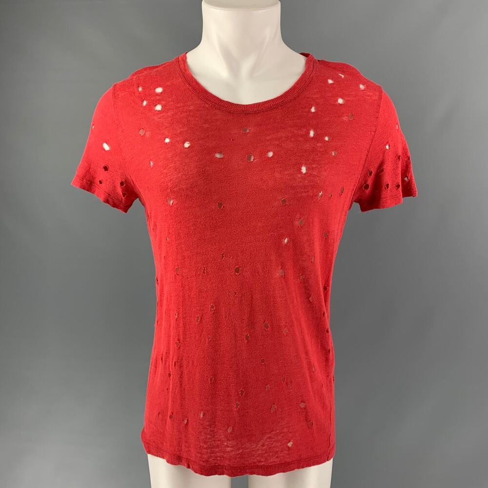 IRO Size S Red Distressed Linen Crew-Neck T-shirt